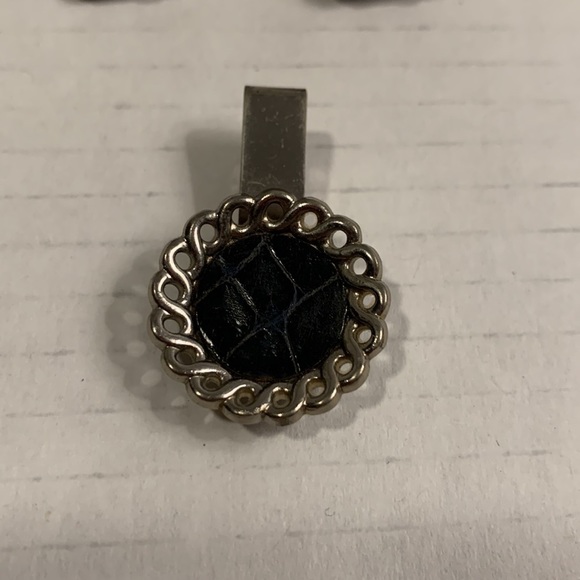 SILVER Tone Cuff Links w/ Tie Tack- leather inside- good condition- vintage - Picture 3 of 8